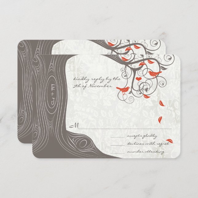 Driftwood Tree Coral Love Birds Hochzeit Einladung (Vorne/Hinten)