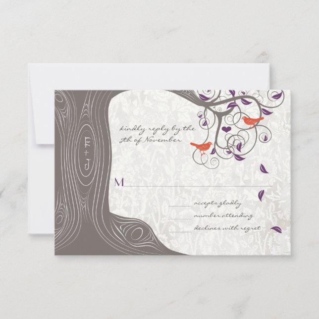 Driftwood Tree Swirl Love Birds Wedding RSVP Karte (Vorderseite)