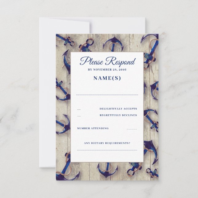 Driftwood und Navy Blue Anchors Wedding RSVP Cards (Vorderseite)