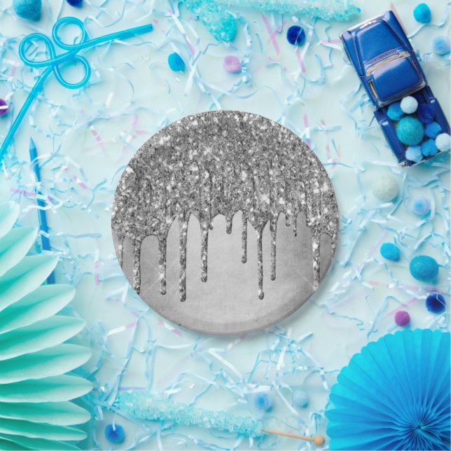 Drilling Silvery Glitzer | Platinum Imitats Metall Pappteller (Party)
