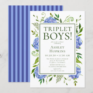 Drillinge Jungen Blaue Hortensien Baby Shower Einladung
