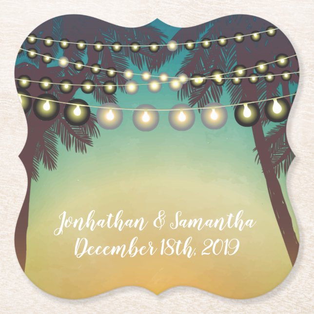 Drink Coasters Beach Sunset Palm Trees String Ligh Untersetzer (Vorderseite)