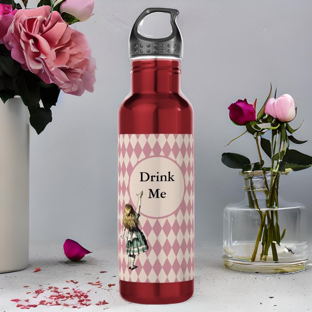 Drink Me Alice im Wunderland Green Mauve Checkered Edelstahlflasche (Von Creator hochgeladen)