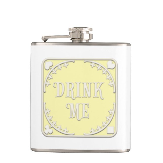 "Drink Me" Wunderland Tee Party Gelbe Emblem Flachmann (Vorderseite)
