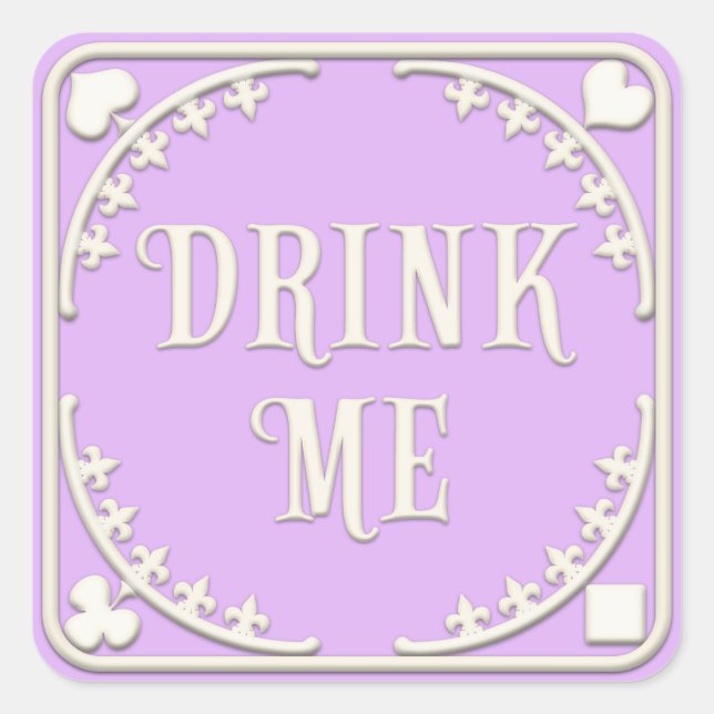 "Drink Me" Wunderland Tee Party Lila einladen Quadratischer Aufkleber (Vorderseite)