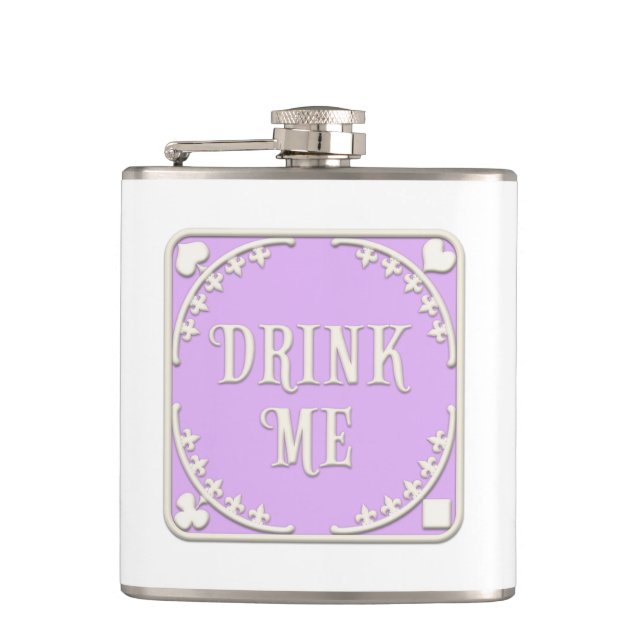 "Drink Me" Wunderland Tee Party Lila Emblem Flachmann (Vorderseite)