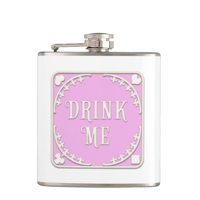 "Drink Me" Wunderland Tee Party Mauve Pink Emblem Flachmann (Vorderseite)