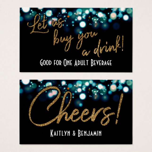 Drink Tickets, Gold Glitter on Aqua & Black Bokeh (Vorne & Hinten)