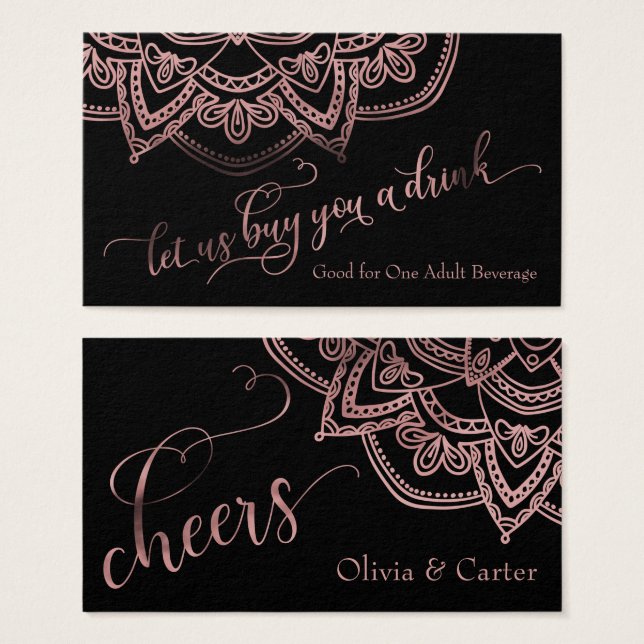 Drink Tickets, Rose Gold Mandala auf Black (Vorne & Hinten)