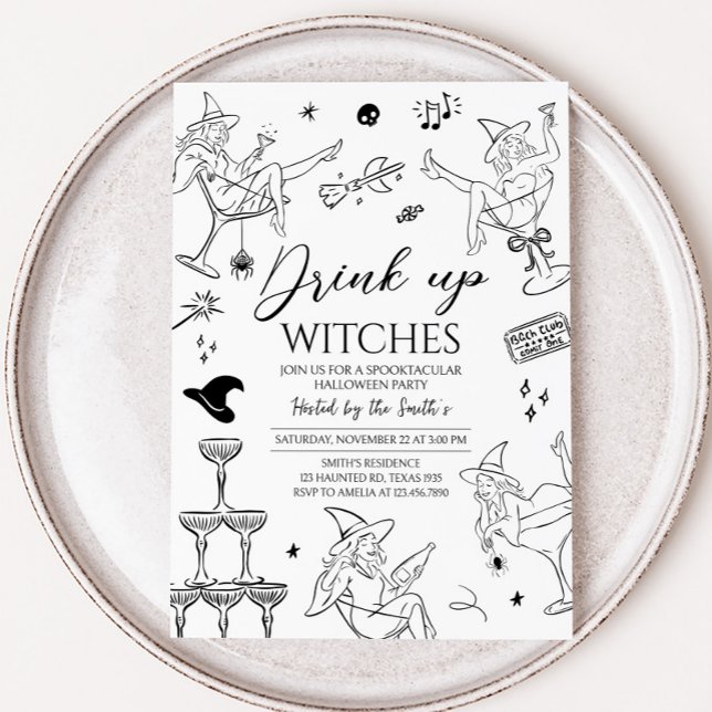 Drink up Hexen Cocktail Halloween-Party Einladung (Hand Drawn Drink Up Witches Halloween Party Invitation)