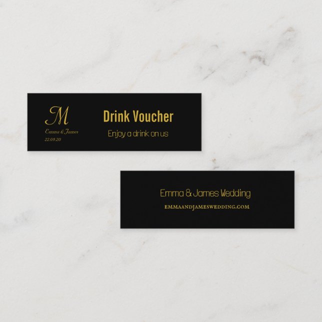 Drink Voucher Black & Gold Hochzeitskarte Mini Visitenkarte (Vorne/Hinten)
