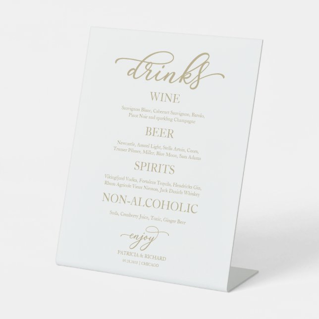 Drinks Bar Elegant Gold Script Wedding Sign Sockelschild (Vorderseite)
