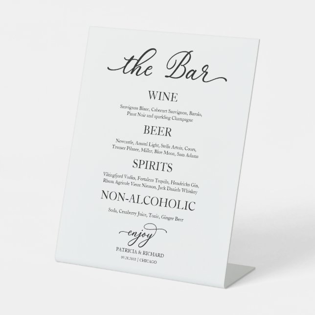 Drinks Bar Elegante Kalligrafie Hochzeitssymbol Sockelschild (Vorderseite)