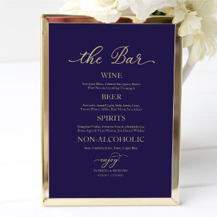 Drinks Bar Gold Calligraphy Navy Blue Wedding Sign Poster