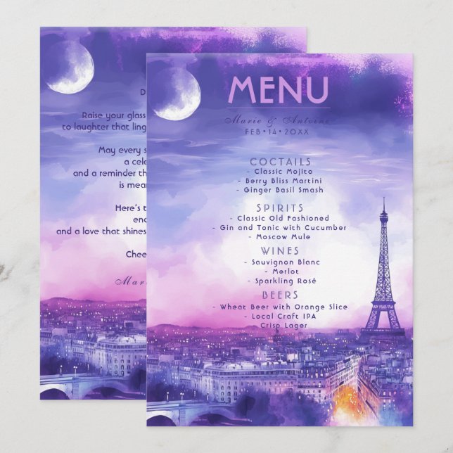DRINKS + lovely text Amour Éternel  Menükarte (Vorne/Hinten)