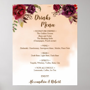 Drinks Menü Burgundy Blume Bridal Wedding Sign Poster