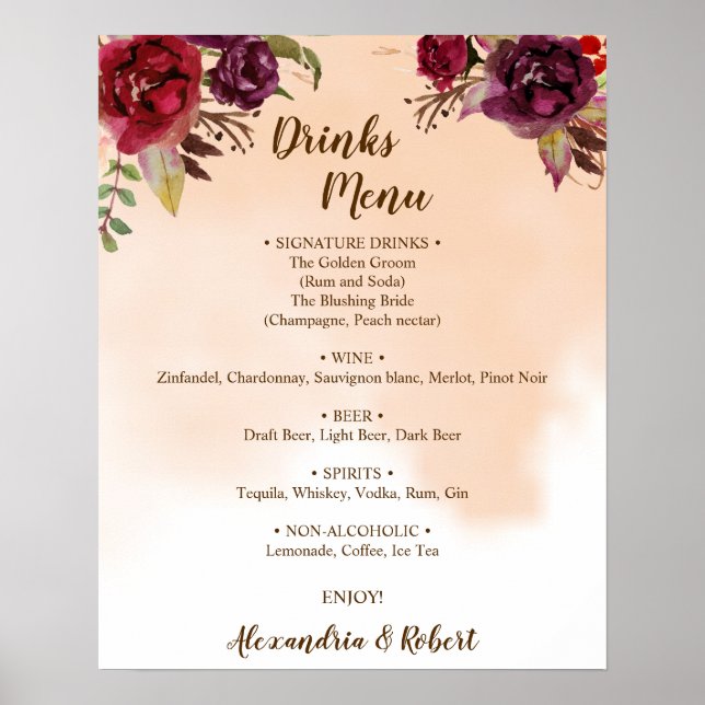 Drinks Menü Burgundy Blume Bridal Wedding Sign Poster (Vorne)