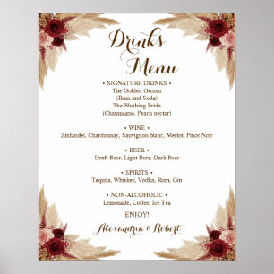 Drinks Menü Pampas Grass Bridal Wedding Poster