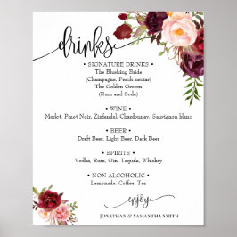 Drinks Menü signieren Hochzeit marsala florale boh Poster