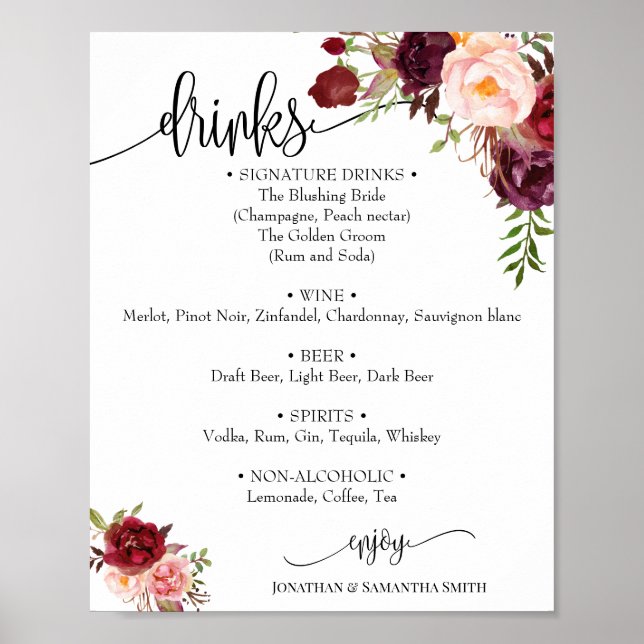 Drinks Menü signieren Hochzeit marsala florale boh Poster (Vorne)