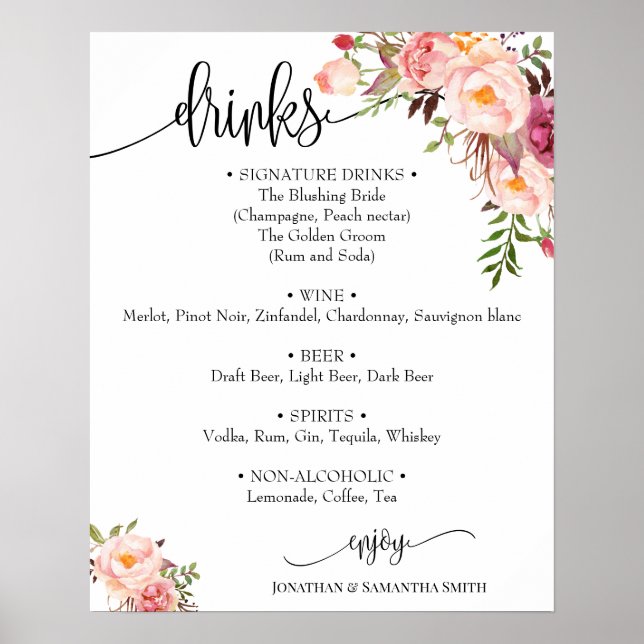 Drinks Menü signieren Hochzeit pink blühend boho c Poster (Vorne)