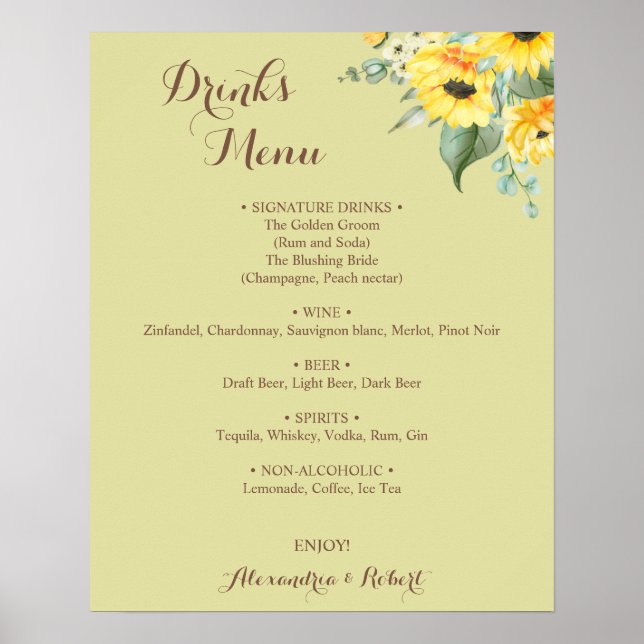 Drinks Menü Sonnenblumen Grüne Bridal Wedding Poster (Vorne)