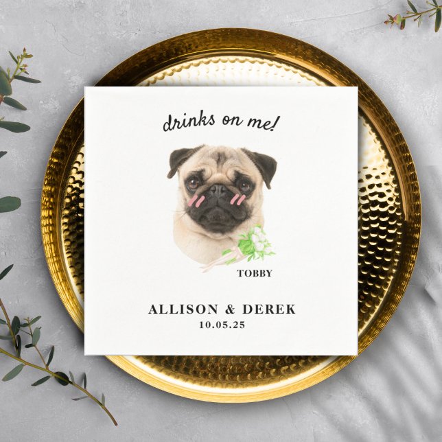 Drinks on Me Cute Template Cat Dog Photo Wedding Serviette (Von Creator hochgeladen)