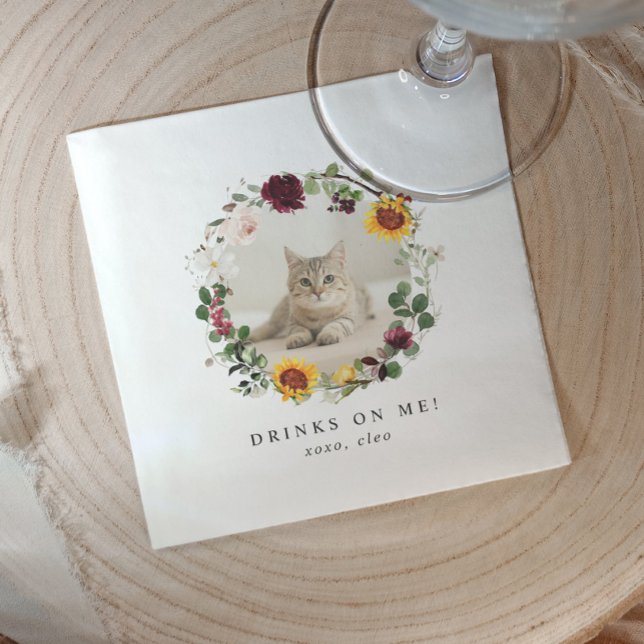 Drinks on Us Modern Cute Pet Photo Floral Wedding Serviette (Cute autumn wedding napkins with pet photo and watercolor sunflower wreath, “drinks on us” text.)