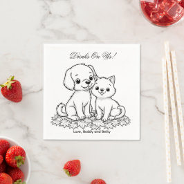 Drinks On Us Simple Drawing Cute Dog & Cat Wedding Serviette