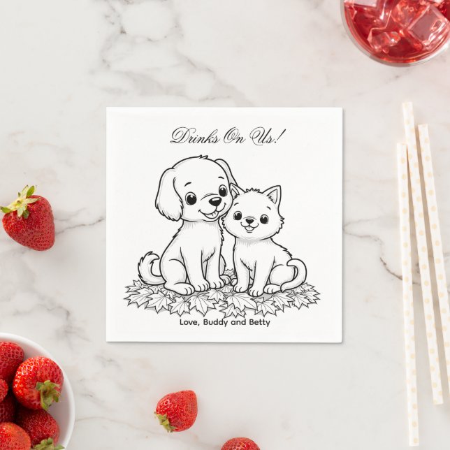 Drinks On Us Simple Drawing Cute Dog & Cat Wedding Serviette (Beispiel)