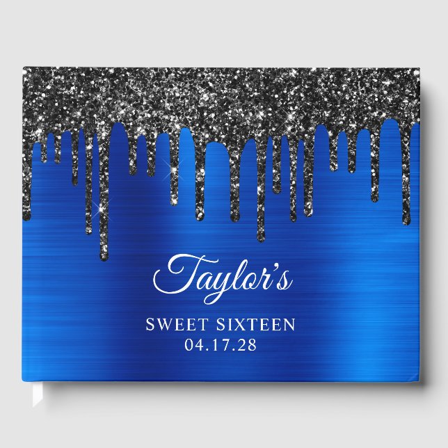 Dripping Black Glitzer Royal Blue Glam Sweet 16 Gästebuch (Vorderseite)
