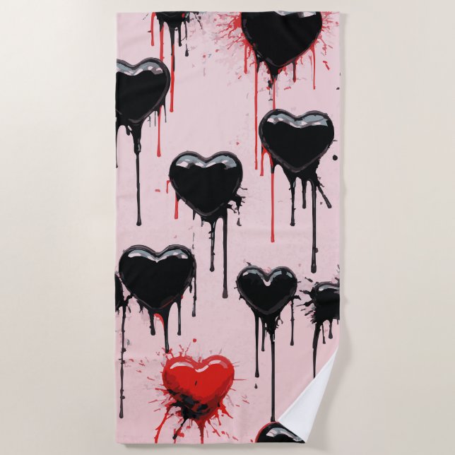 Dripping Black Hearts Pattern – Dark Love Art Strandtuch (Vorderseite)