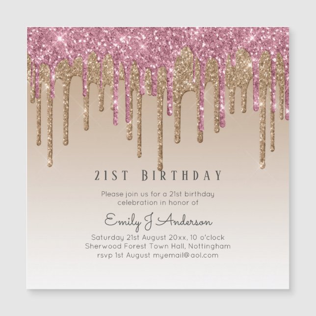 Dripping Rose Gold Glitzer 21. GEBURTSTAG Rosa Magnetkarte (Vorderseite)