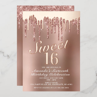 Dripping Rose Gold Sweet 16 Birthday Real Folieneinladung