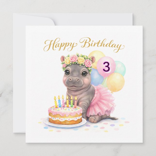 Dritter Geburtstag für Mädchen Glückliches Nilpfer (Vorderseite)