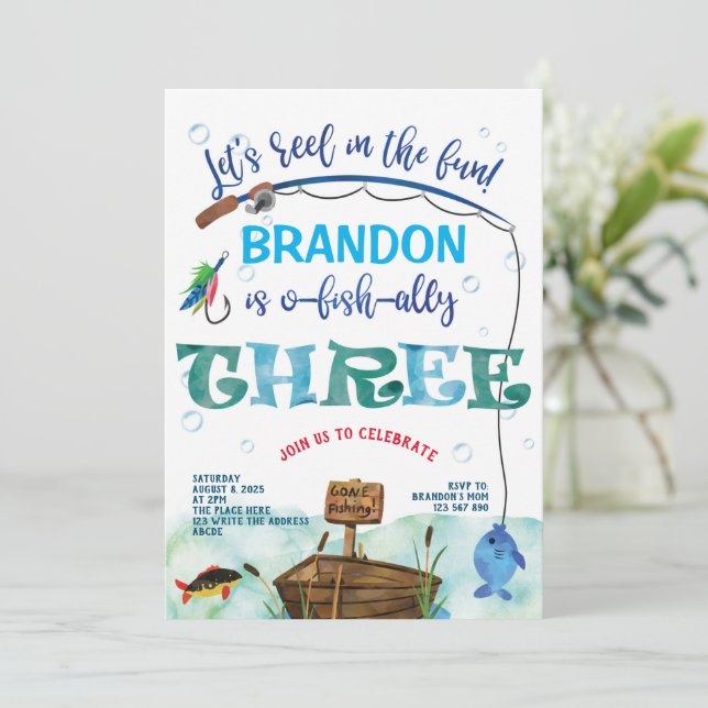 Dritter Geburtstag, Gone Fishing, O-Fisch-allesamt Einladung (Stehend Vorderseite)