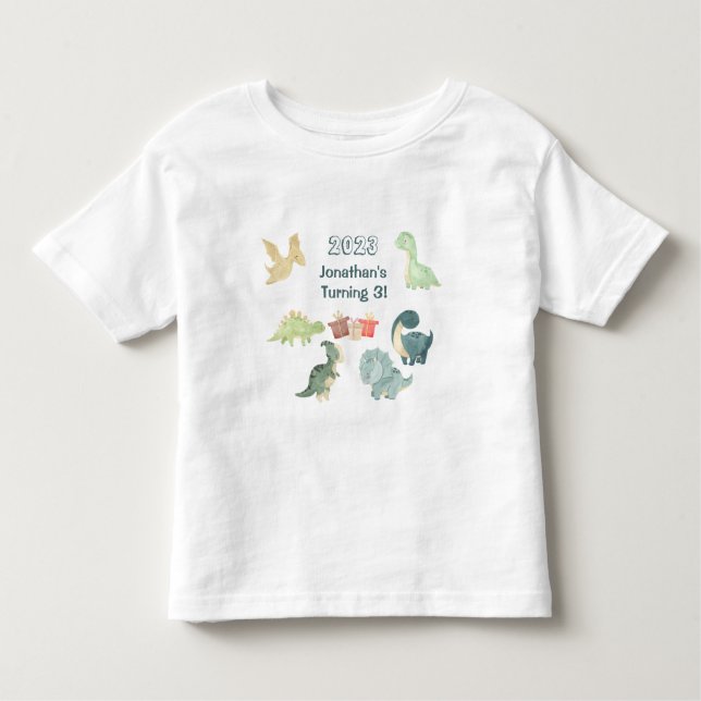 Dritter Geburtstag Niedlich Dinosaurier Wasserfarb Kleinkind T-shirt (Vorderseite)
