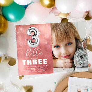 Dritter Geburtstag Silberballon   Rosa Foto Party Einladung