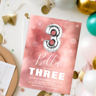 Dritter Geburtstag Silberballon   Rosa Party Einladung