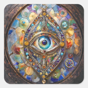 Drittes Auge auf Buntglas und Bronze Quadratischer Aufkleber