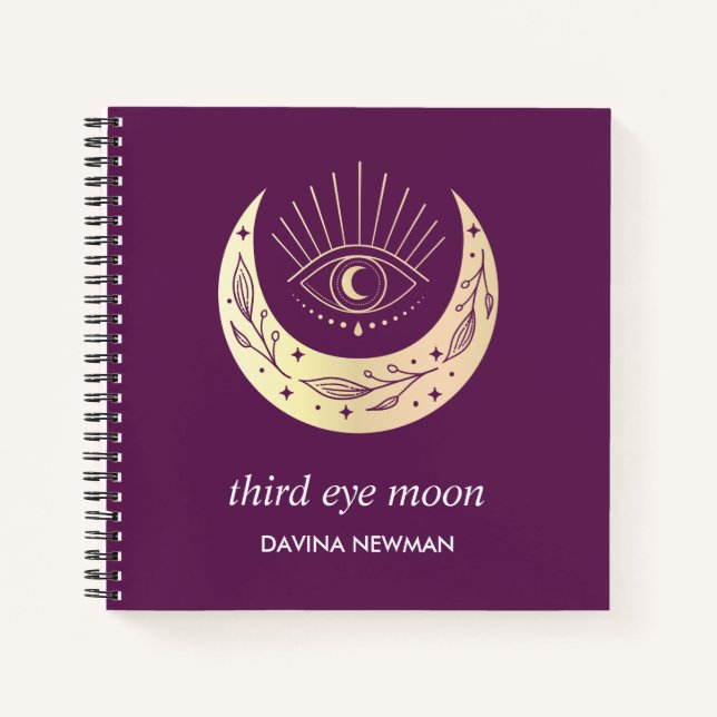 Drittes Auge Halbmond Boho Monogramm lila Notizbuch (Vorderseite)