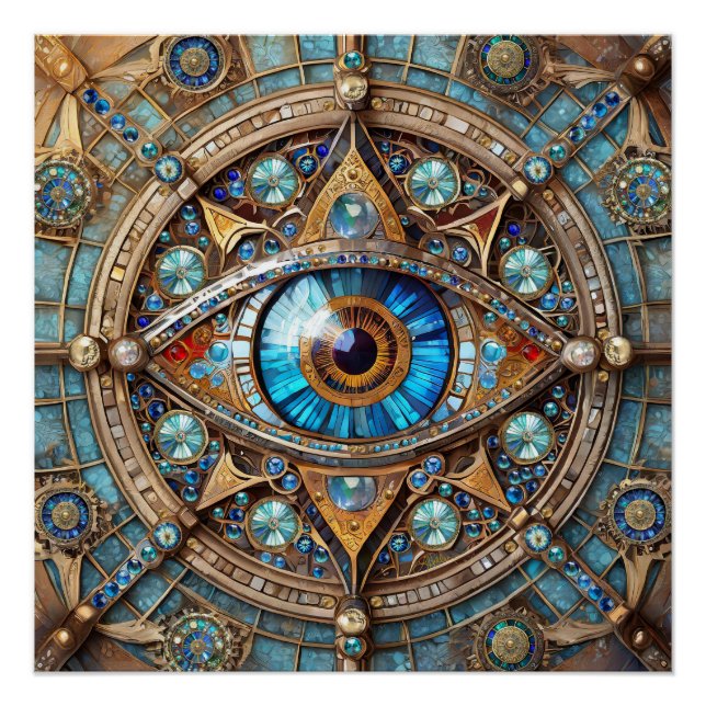 Drittes Auge - Türkisblau Gold Mandala Poster (Vorderseite)