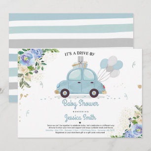 Drive by Baby Dusche Einladung Blauer Blütendusche