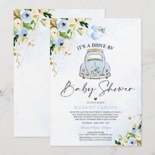 Drive by Baby Dusche Einladung Blue Floral