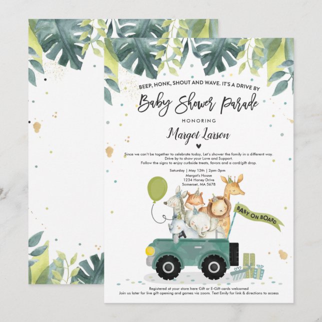 Drive by Baby Dusche Einladung Safari Baby Dusche (Vorne/Hinten)