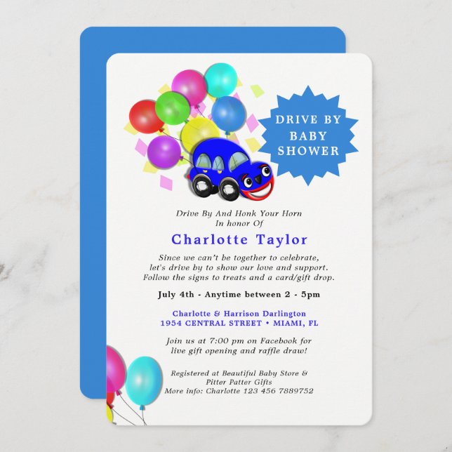 Drive by Baby Dusche Niedlich Car Blue Baby Boy Einladung (Vorne/Hinten)