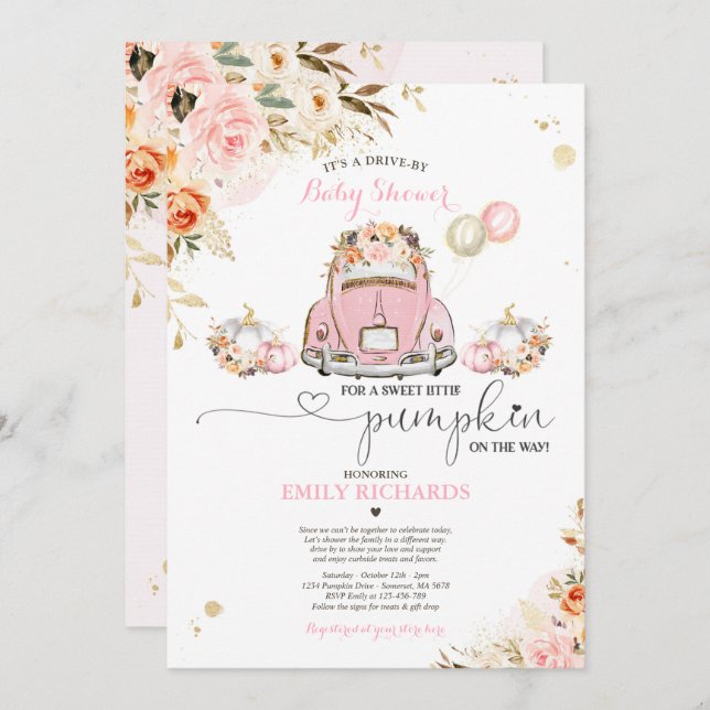 Drive by Baby Dusche Pink Gold Floral Pumpkin Einladung (Vorne/Hinten)