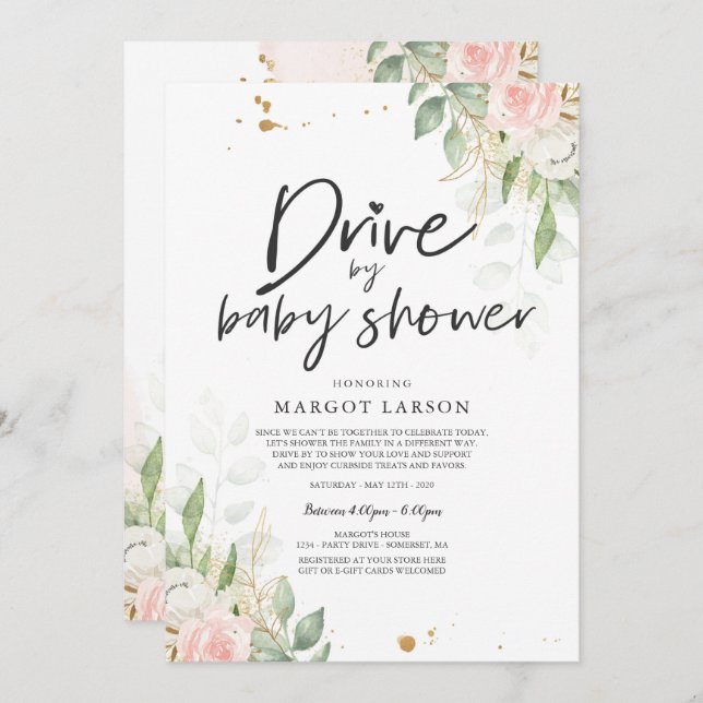 Drive by Baby Duwer Einladung Grün Pink Gold (Vorne/Hinten)