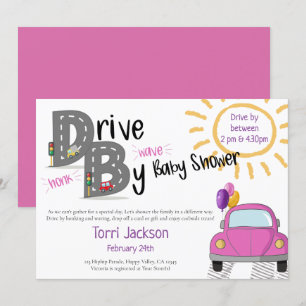 Drive-By-Baby-Party - Rosa Auto und Ballons Einladung