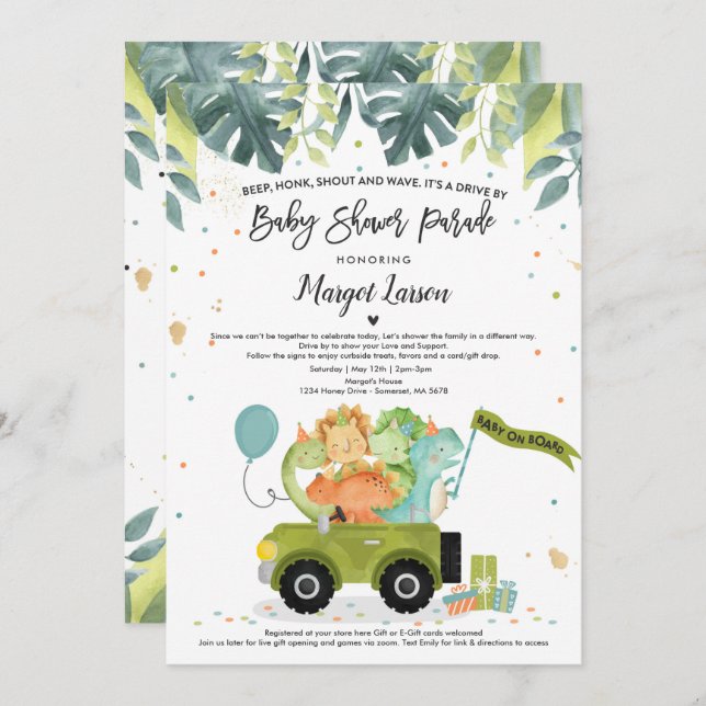 Drive by Baby Shower Einladung Dinosaurier Dusche (Vorne/Hinten)